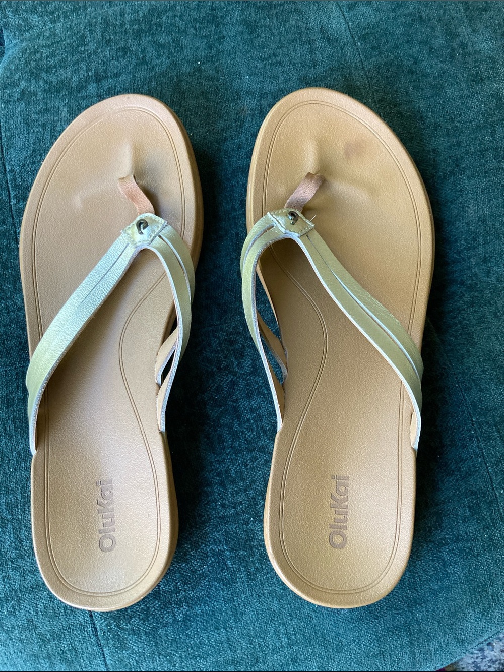 OluKai Women's Tan Footbed with Olive-Strap Flip Sandals